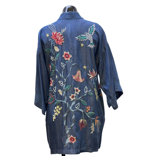 NWT Johnny Was Embroidered Denim-Style Open Cardigan M/L Blue Floral