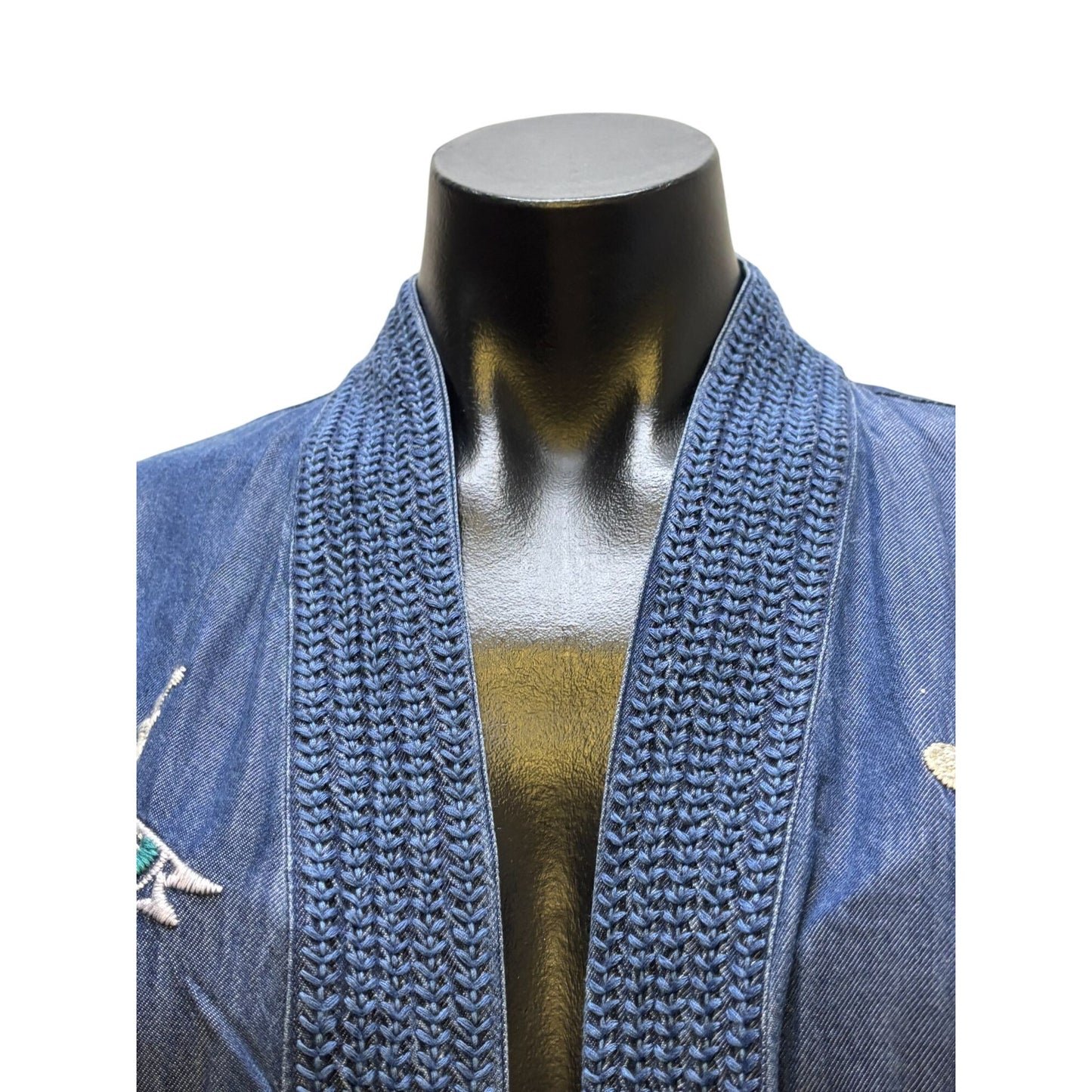 NWT Johnny Was Embroidered Denim-Style Open Cardigan M/L Blue Floral