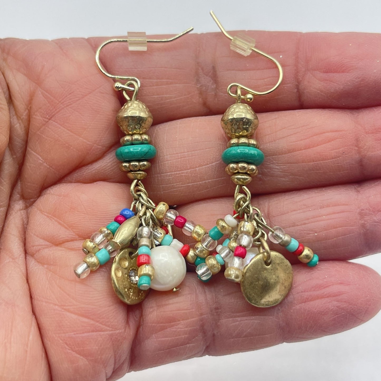 Chico's Colorful Beaded Dangle Earrings With Turquoise & Pearl Accents