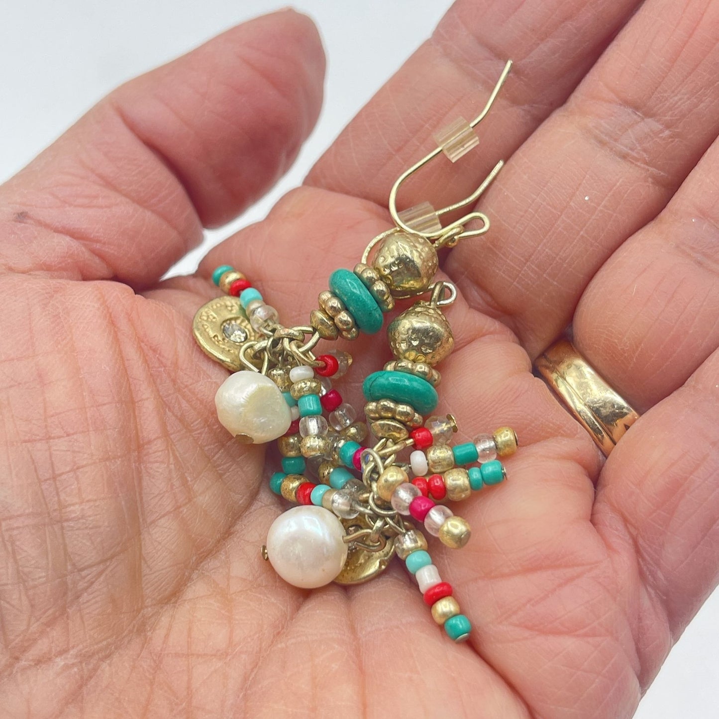 Chico's Colorful Beaded Dangle Earrings With Turquoise & Pearl Accents