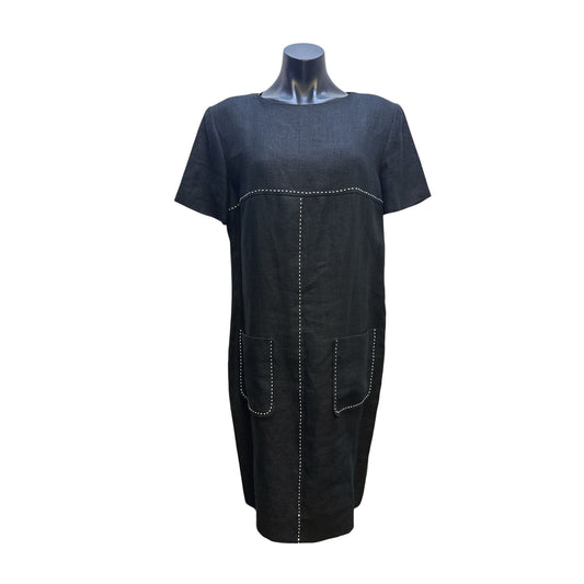 Kelly Graham Black Linen Dress w/White Stitch Detailing & Front Pockets