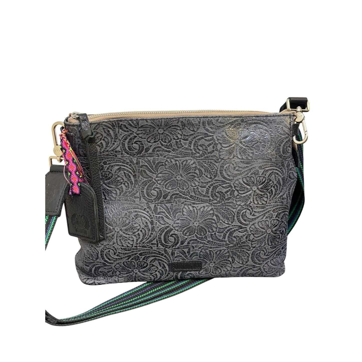 Consuela Black Embossed Crossbody Bag With Adjustable Striped Strap