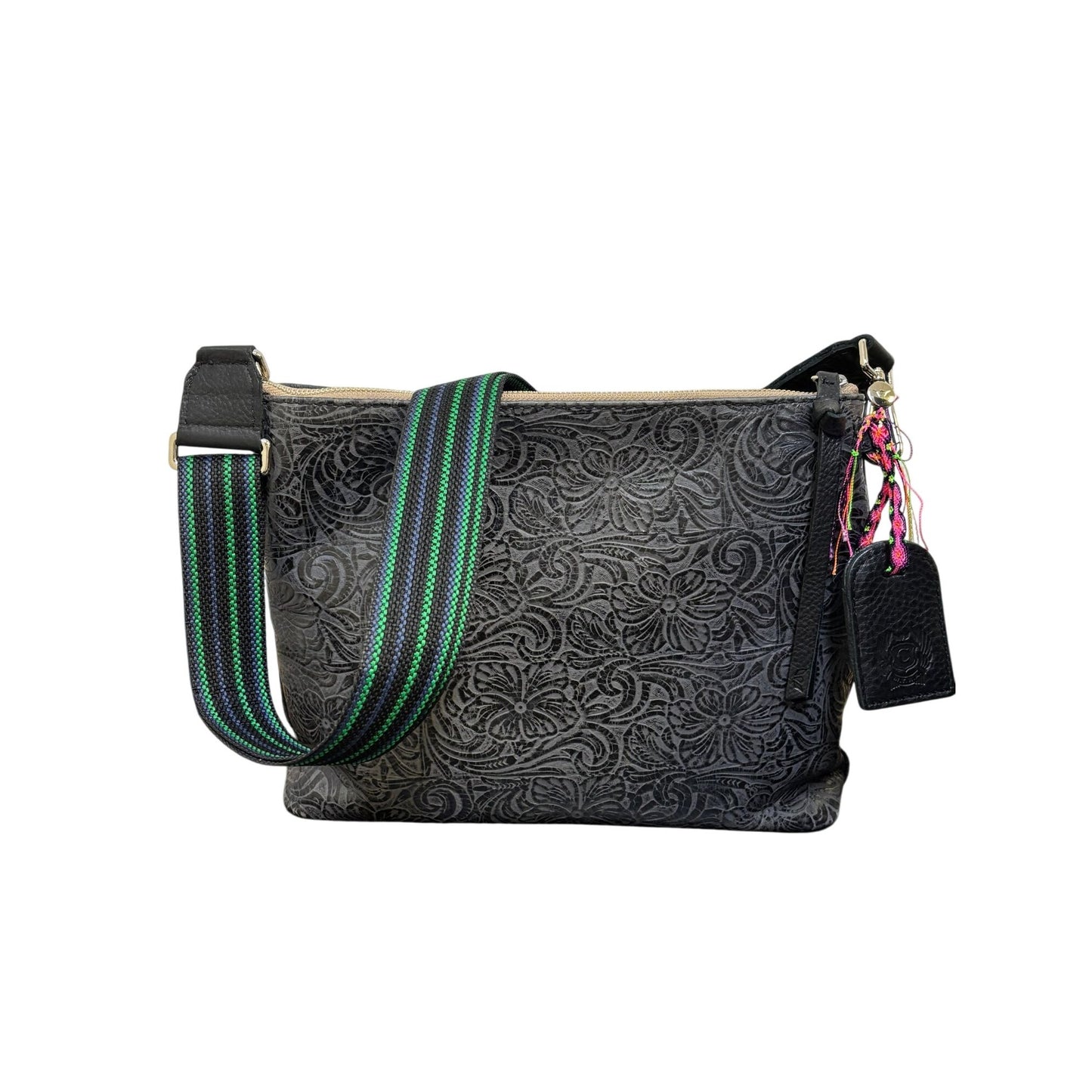 Consuela Black Embossed Crossbody Bag With Adjustable Striped Strap