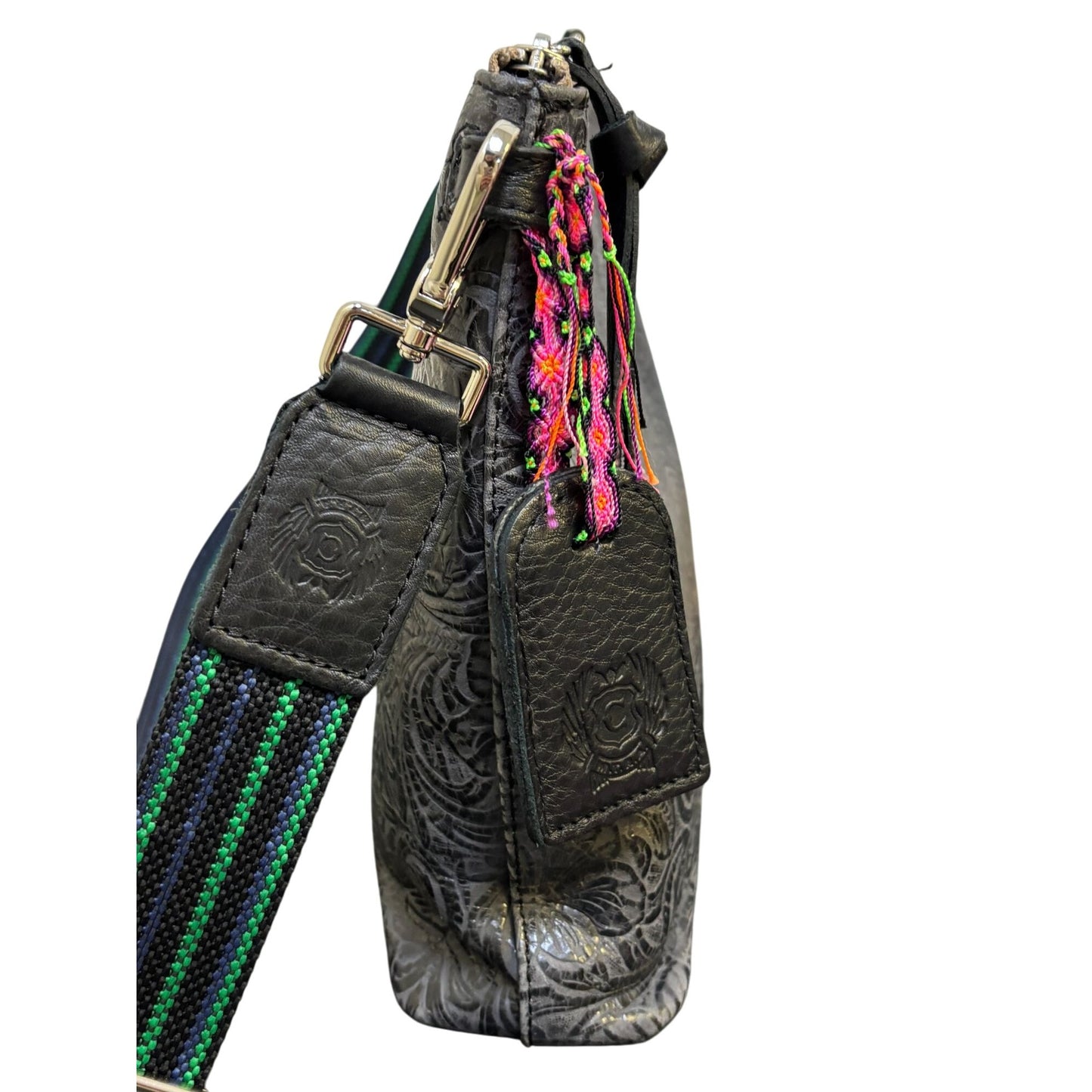 Consuela Black Embossed Crossbody Bag With Adjustable Striped Strap