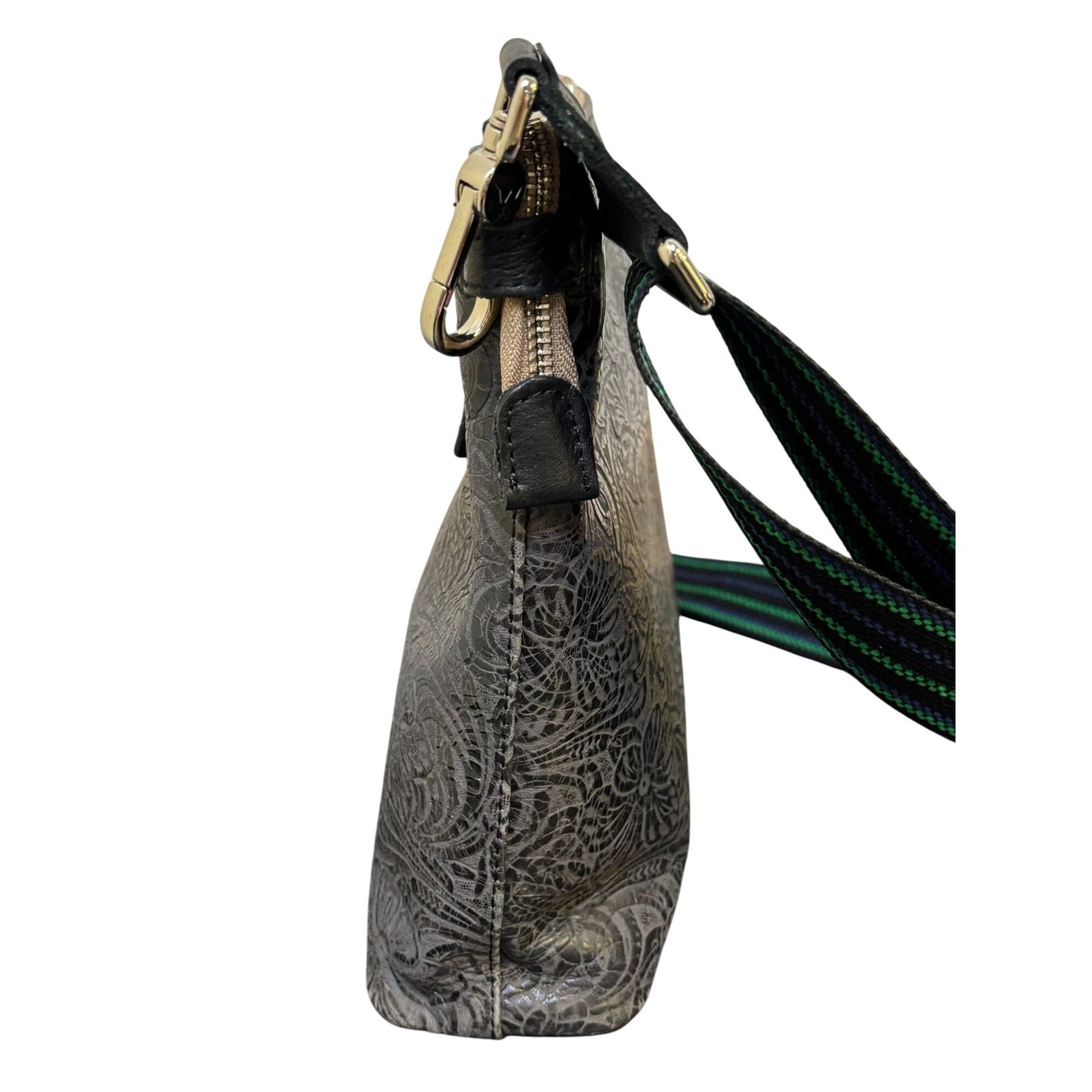 Consuela Black Embossed Crossbody Bag With Adjustable Striped Strap