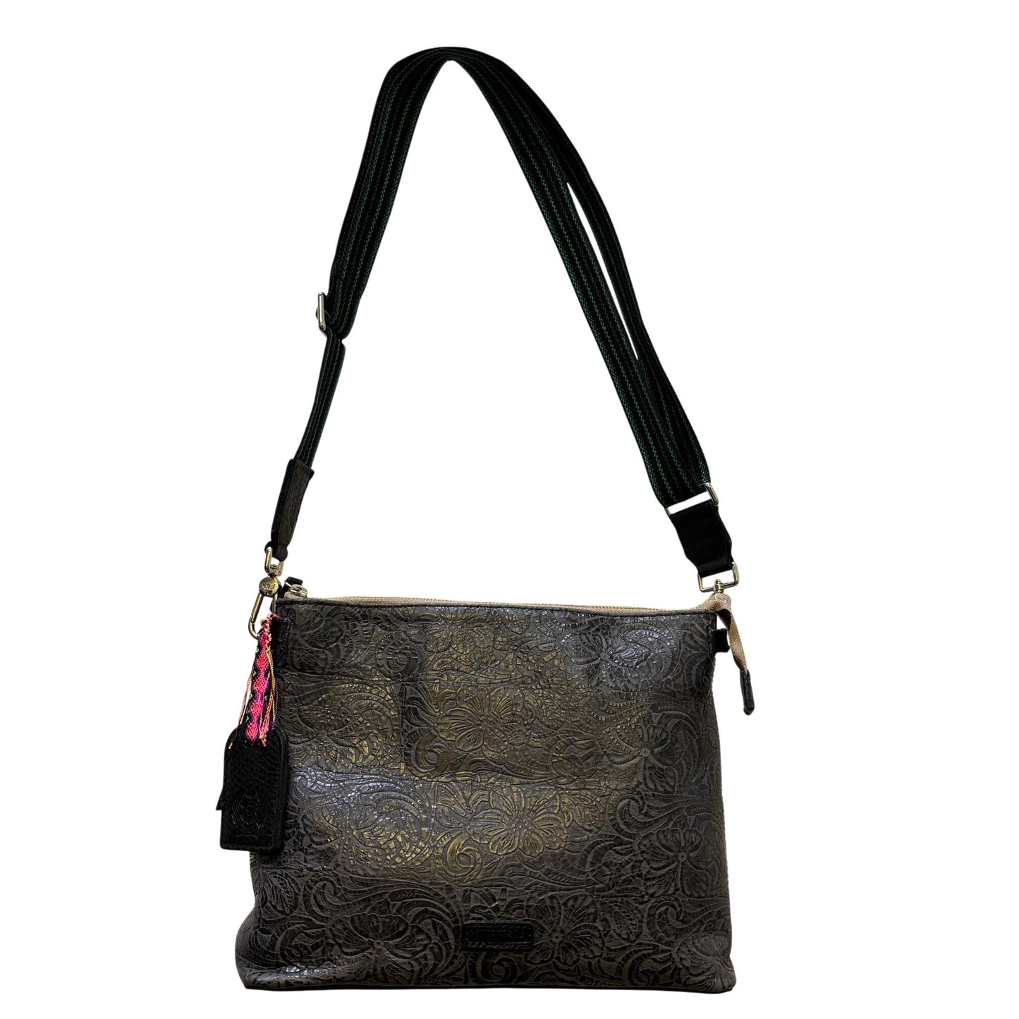 Consuela Black Embossed Crossbody Bag With Adjustable Striped Strap