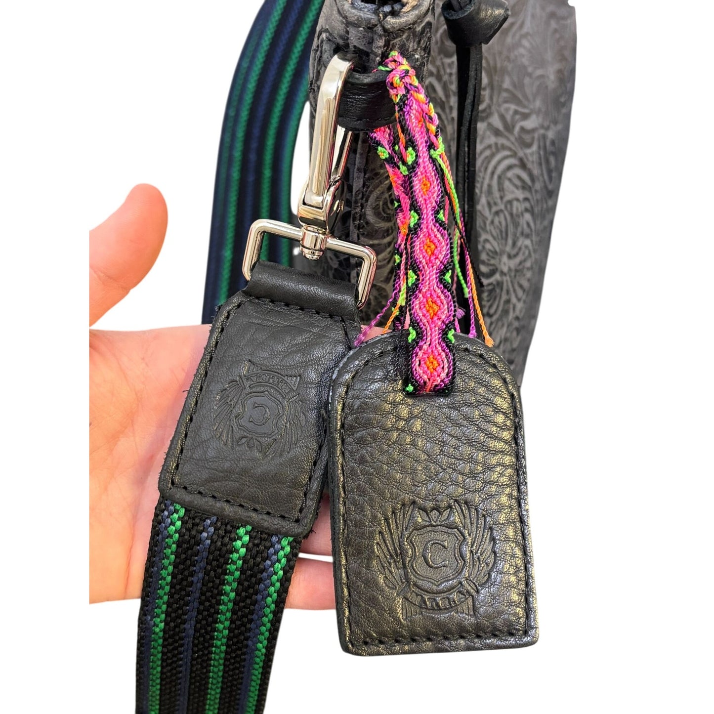 Consuela Black Embossed Crossbody Bag With Adjustable Striped Strap