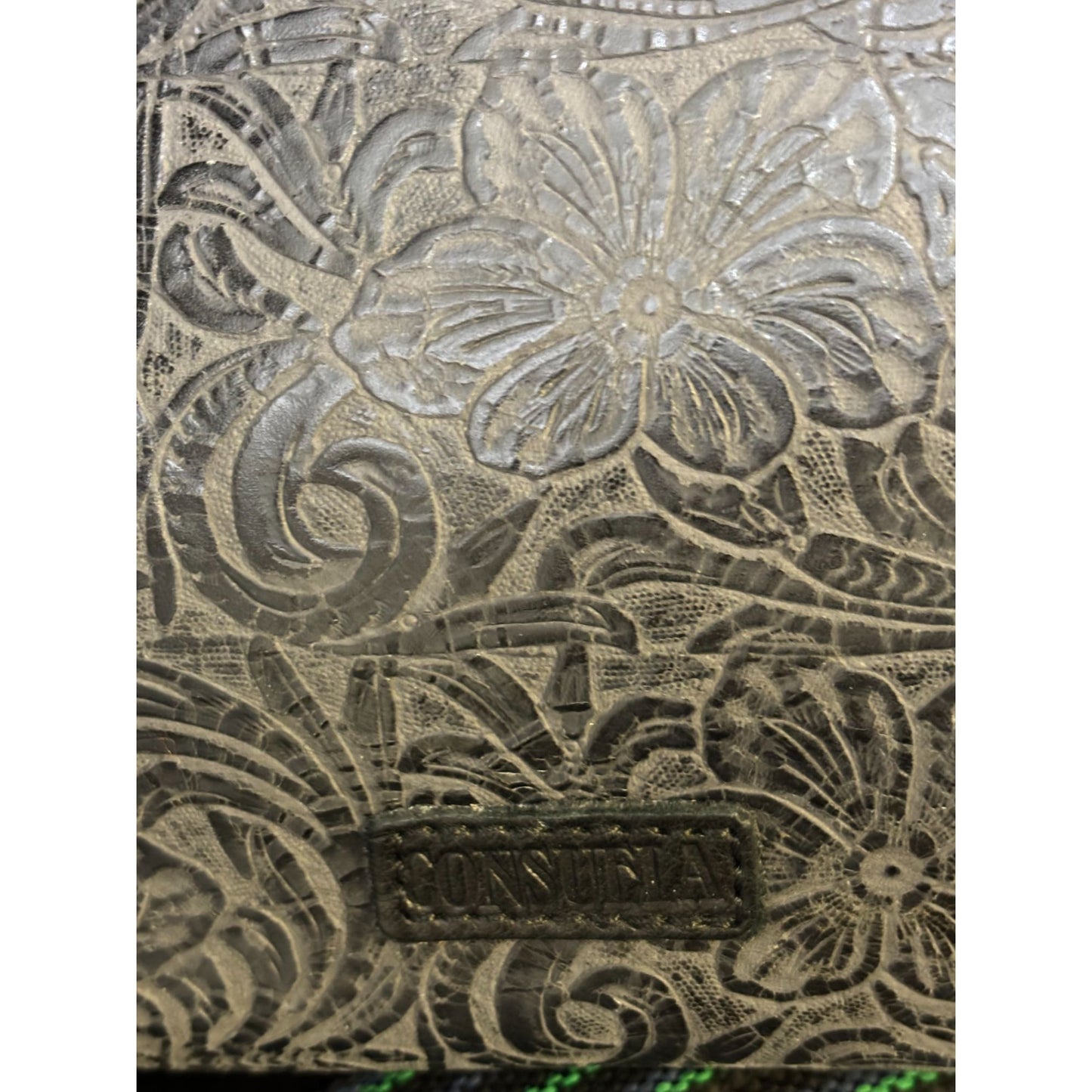 Consuela Black Embossed Crossbody Bag With Adjustable Striped Strap