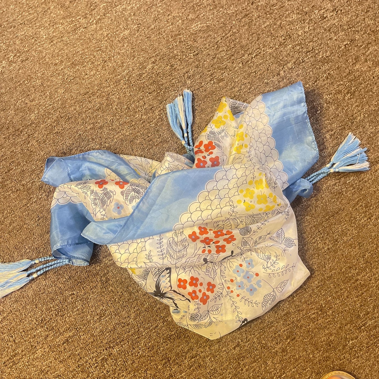 Johnny Was Floral Butterfly Silk Scarf With Tassels Square