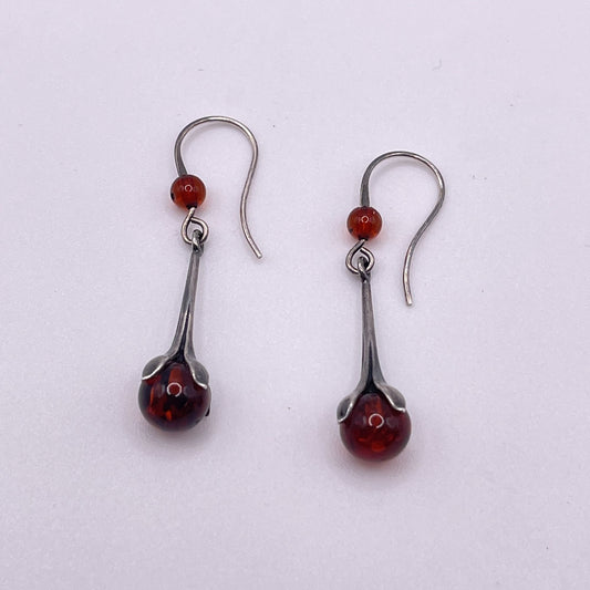 Amber Drop Flower Bulb Sterling Silver Dangle Earrings Hook Closure
