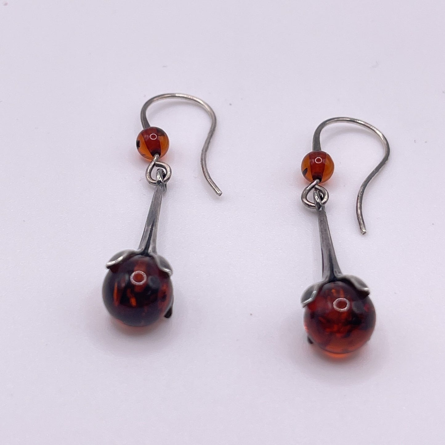 Amber Drop Flower Bulb Sterling Silver Dangle Earrings Hook Closure