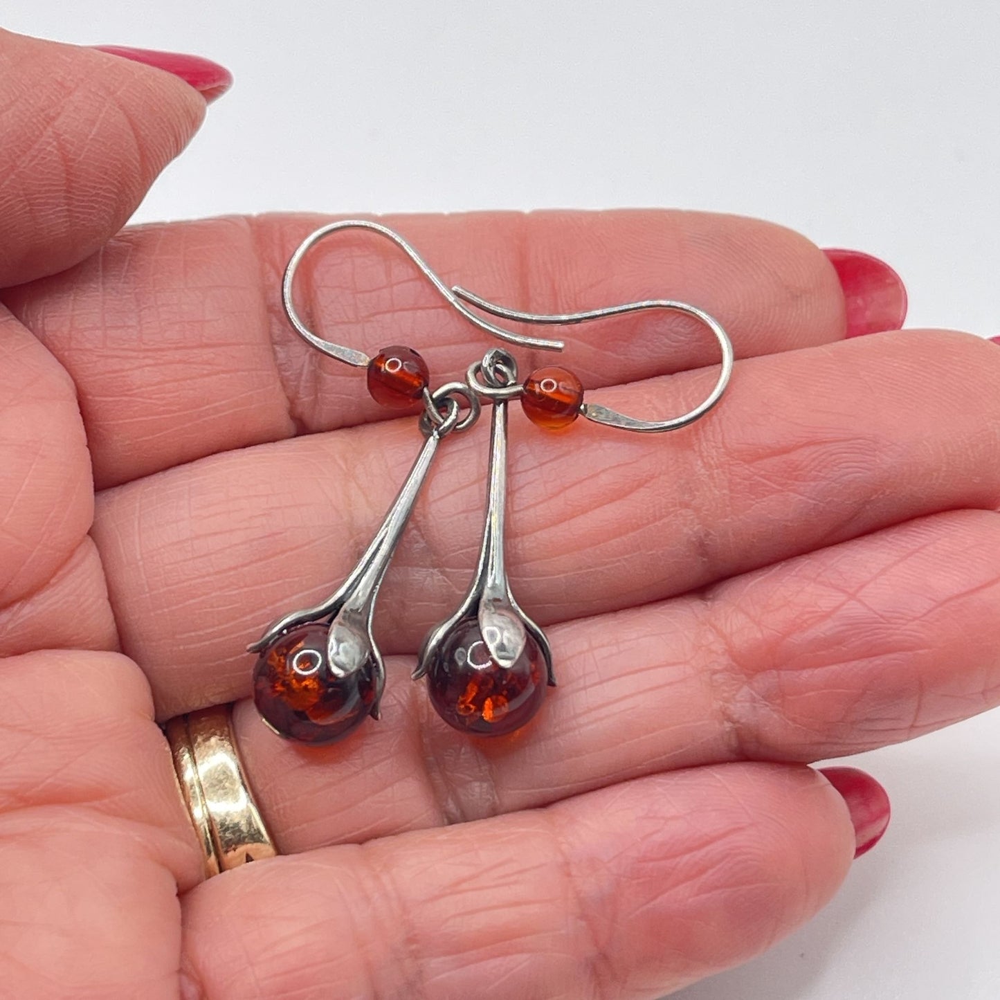 Amber Drop Flower Bulb Sterling Silver Dangle Earrings Hook Closure