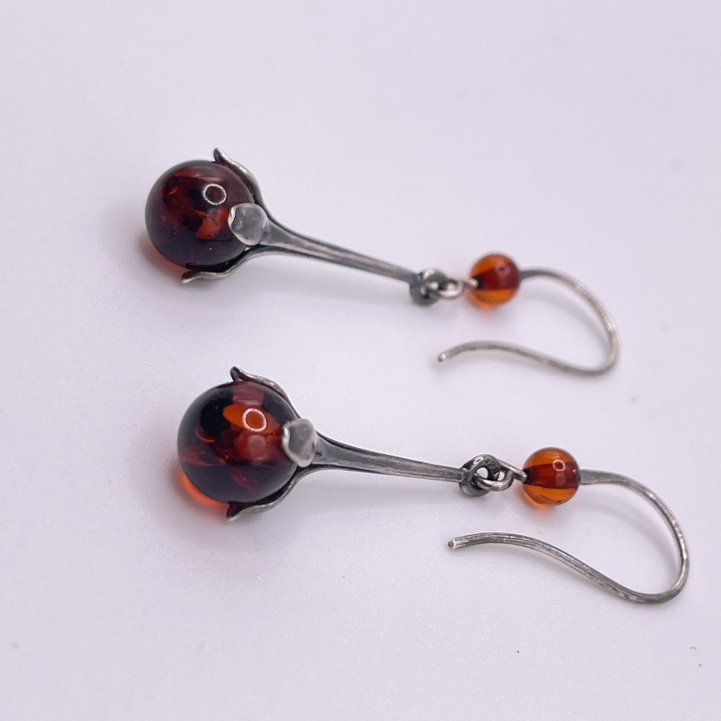 Amber Drop Flower Bulb Sterling Silver Dangle Earrings Hook Closure