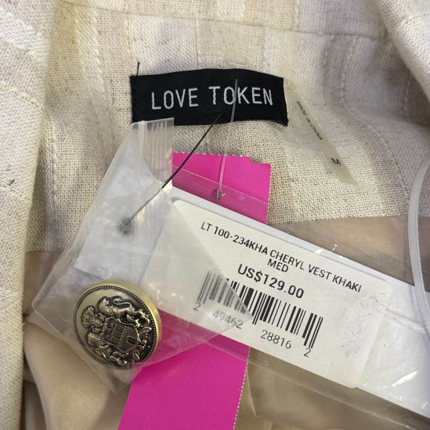 NWT Love Token Cheryl Khaki Cream Vest M