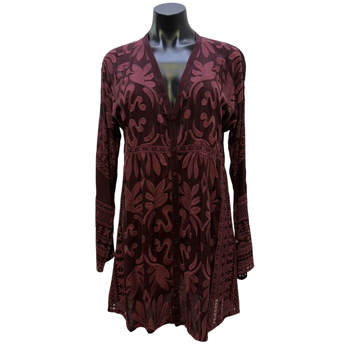 Johnny Was Embroidered Maroon Long-Sleeve Blouse Top M