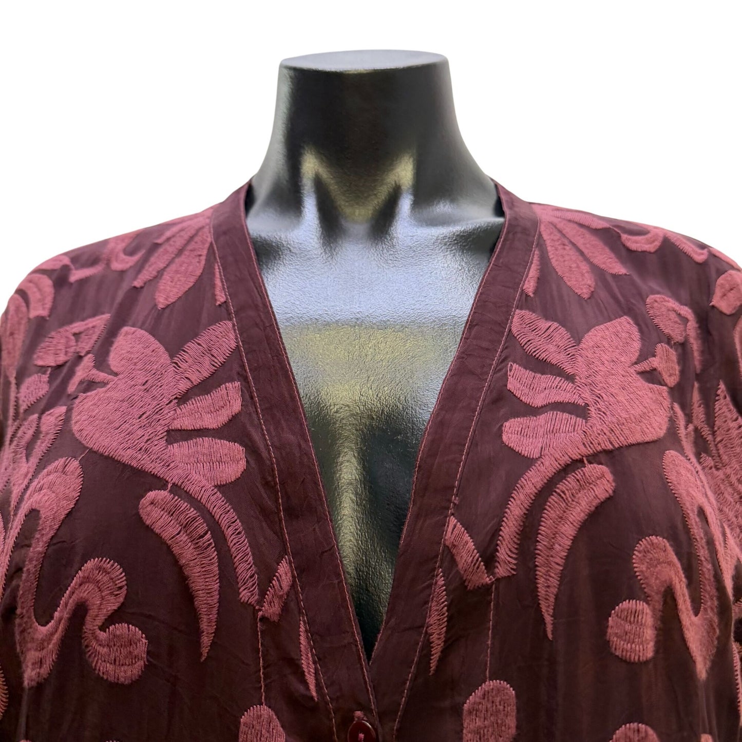 Johnny Was Embroidered Maroon Long-Sleeve Blouse Top M