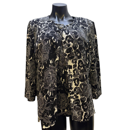 St. John Black & Silver Floral Print Sweater Set Size 10/L 2p