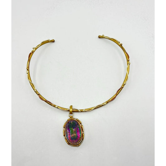 Mystic Topaz Oval Pendant Necklace Gold & Brass Twisted Collar