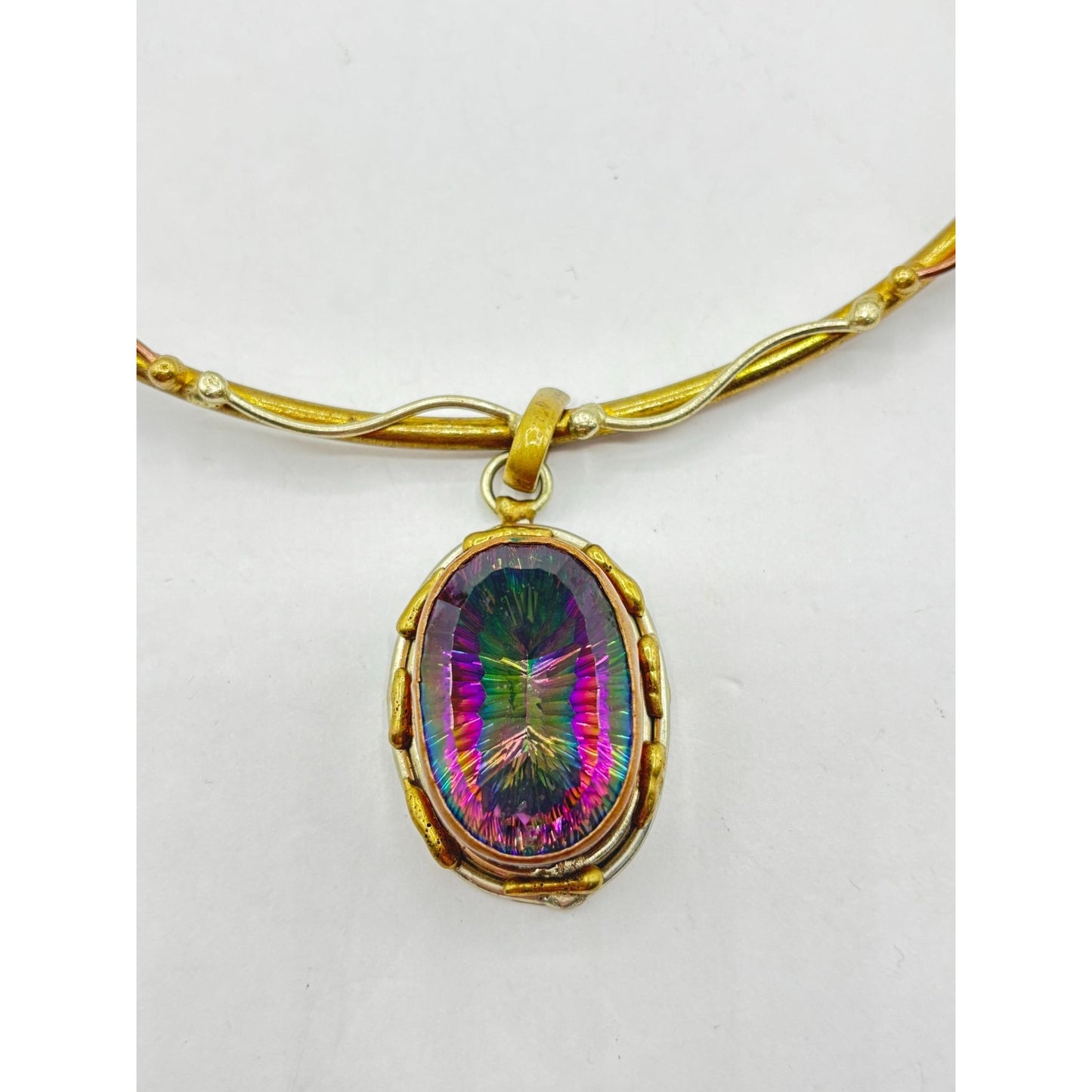 Mystic Topaz Oval Pendant Necklace Gold & Brass Twisted Collar