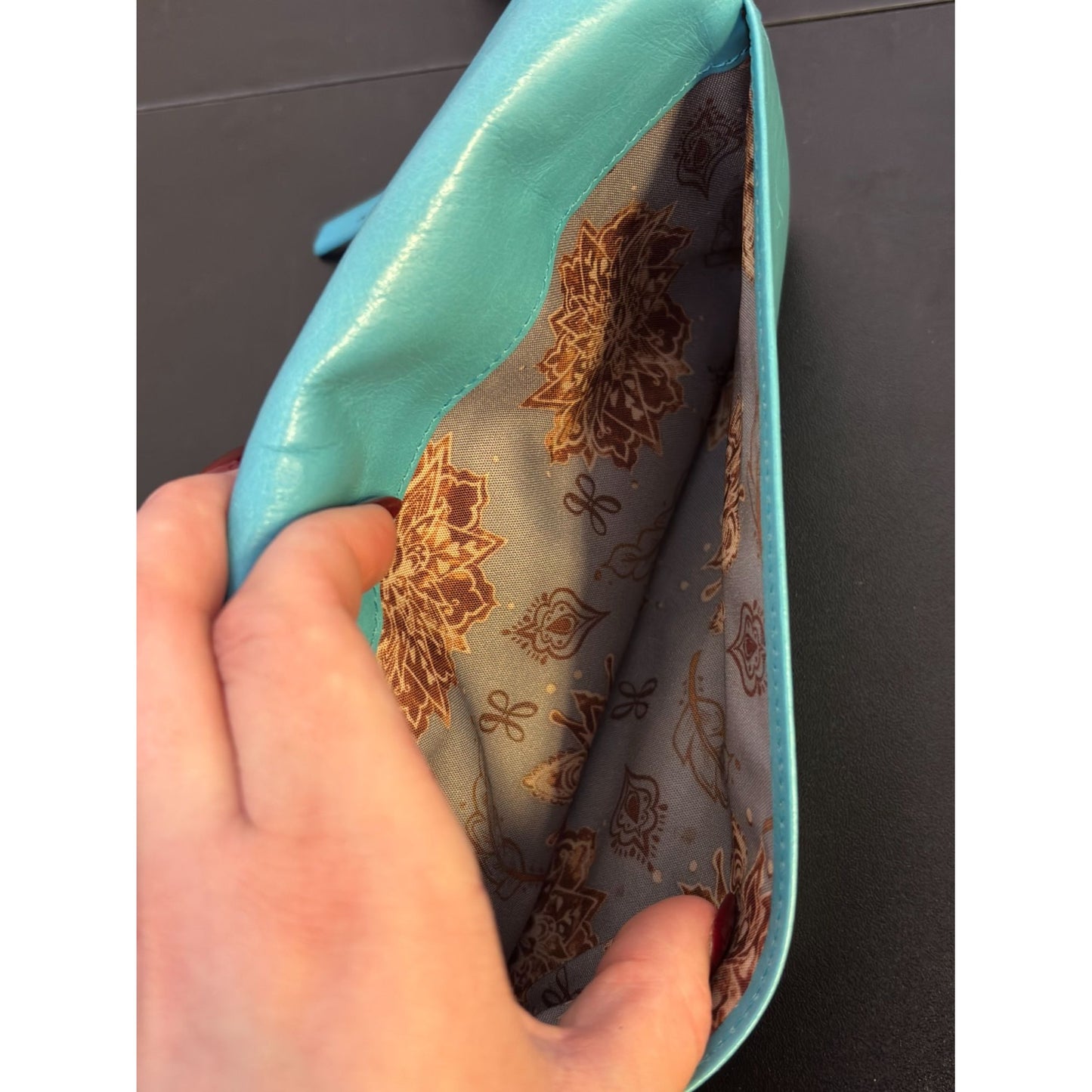 Hobo Leather Large Aqua Blue Wristlet Clutch Wallet Metallic Zipper