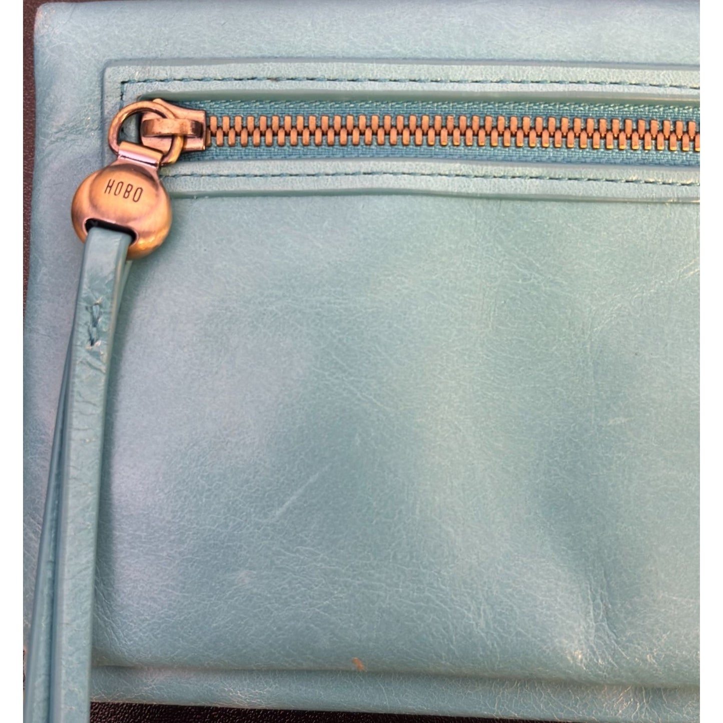 Hobo Leather Large Aqua Blue Wristlet Clutch Wallet Metallic Zipper
