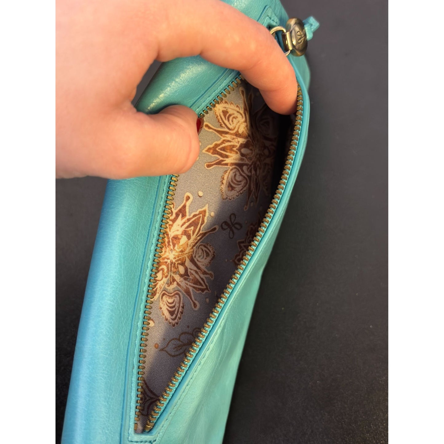 Hobo Leather Large Aqua Blue Wristlet Clutch Wallet Metallic Zipper