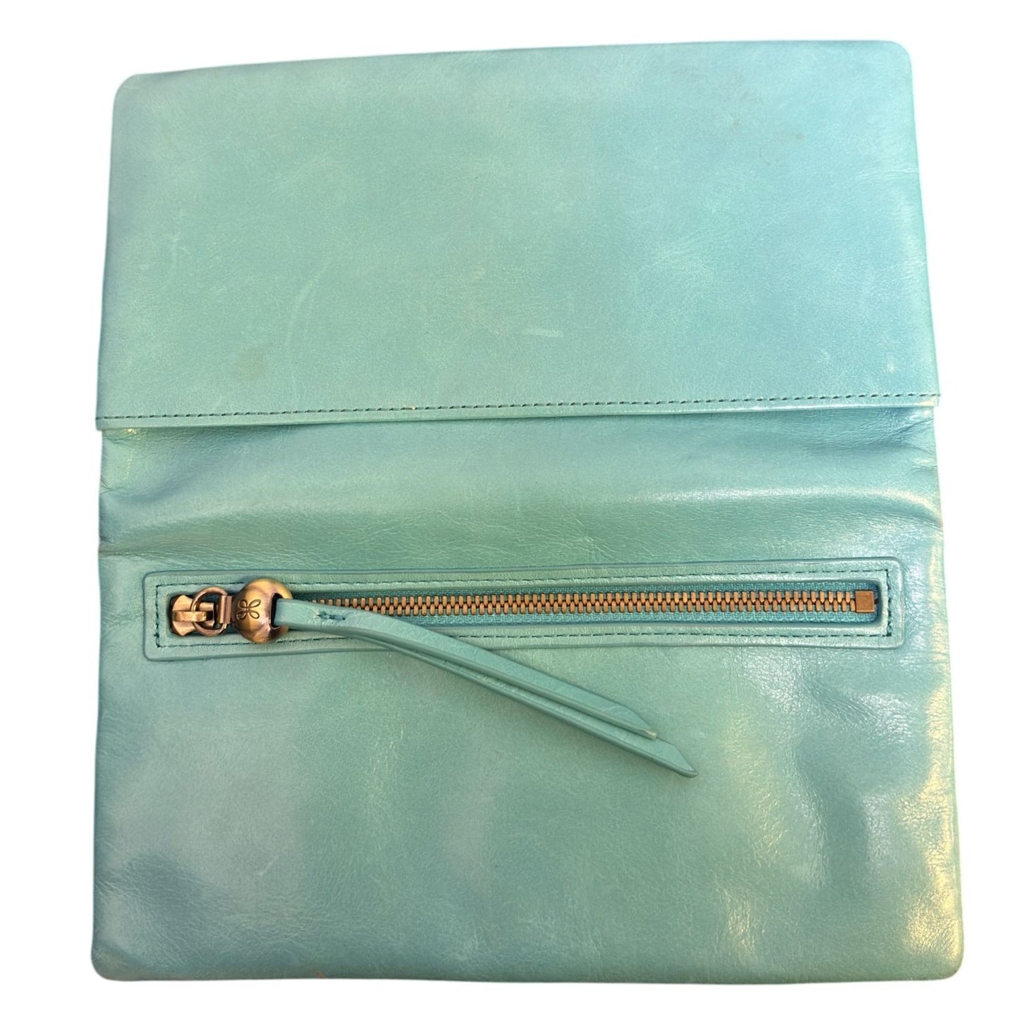 Hobo Leather Large Aqua Blue Wristlet Clutch Wallet Metallic Zipper