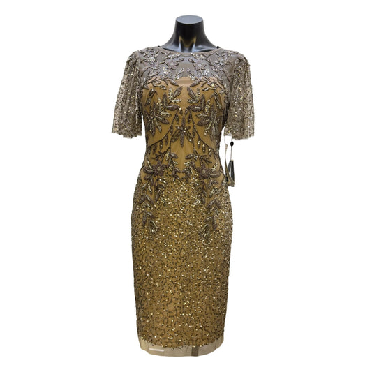 NWT Adrianna Papell Gold Beaded Dress With Sheer Sleeves & Floral Embellishments Size 4