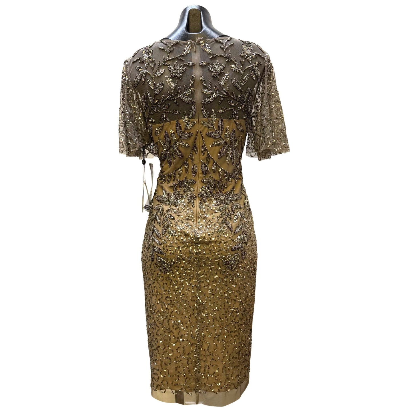 NWT Adrianna Papell Gold Beaded Dress With Sheer Sleeves & Floral Embellishments Size 4