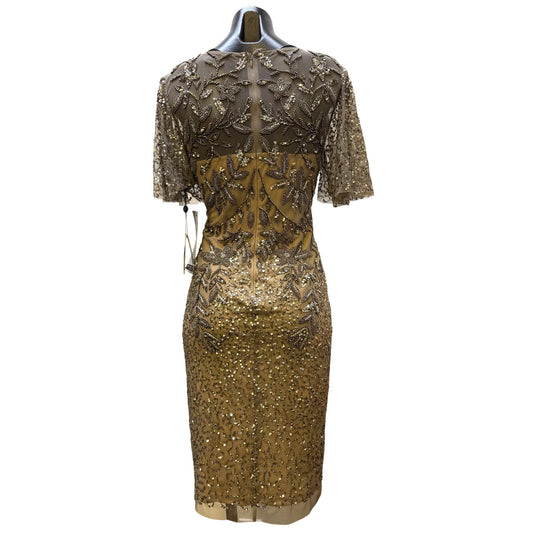 NWT Adrianna Papell Gold Beaded Dress With Sheer Sleeves & Floral Embellishments Size 4