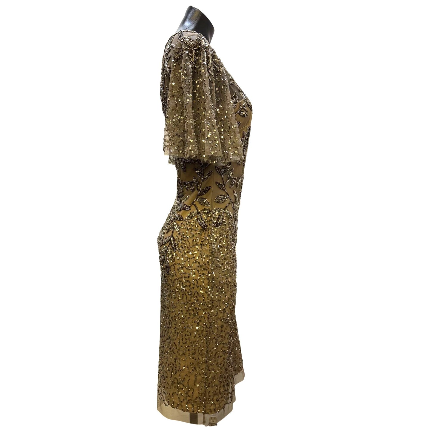NWT Adrianna Papell Gold Beaded Dress With Sheer Sleeves & Floral Embellishments Size 4