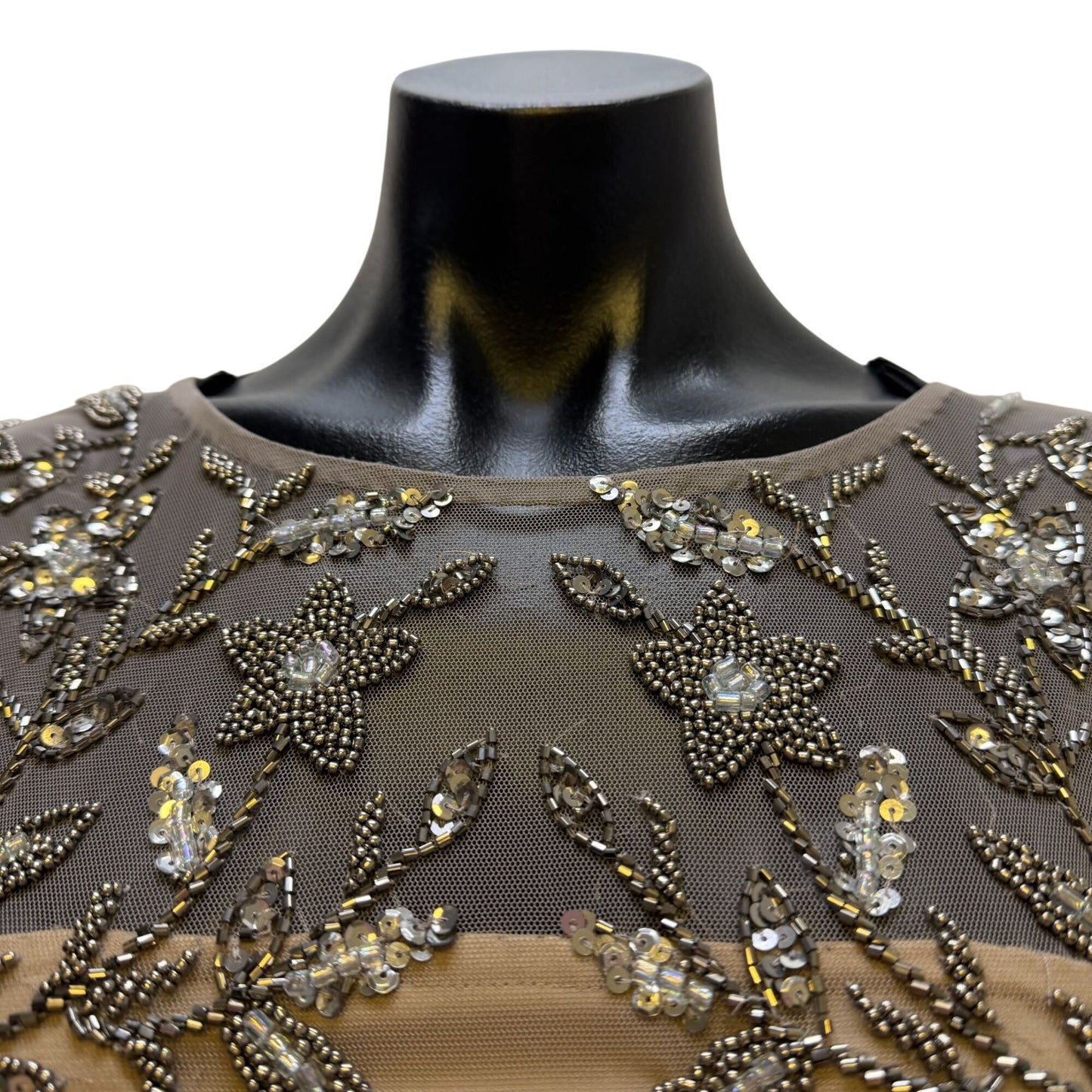 NWT Adrianna Papell Gold Beaded Dress With Sheer Sleeves & Floral Embellishments Size 4