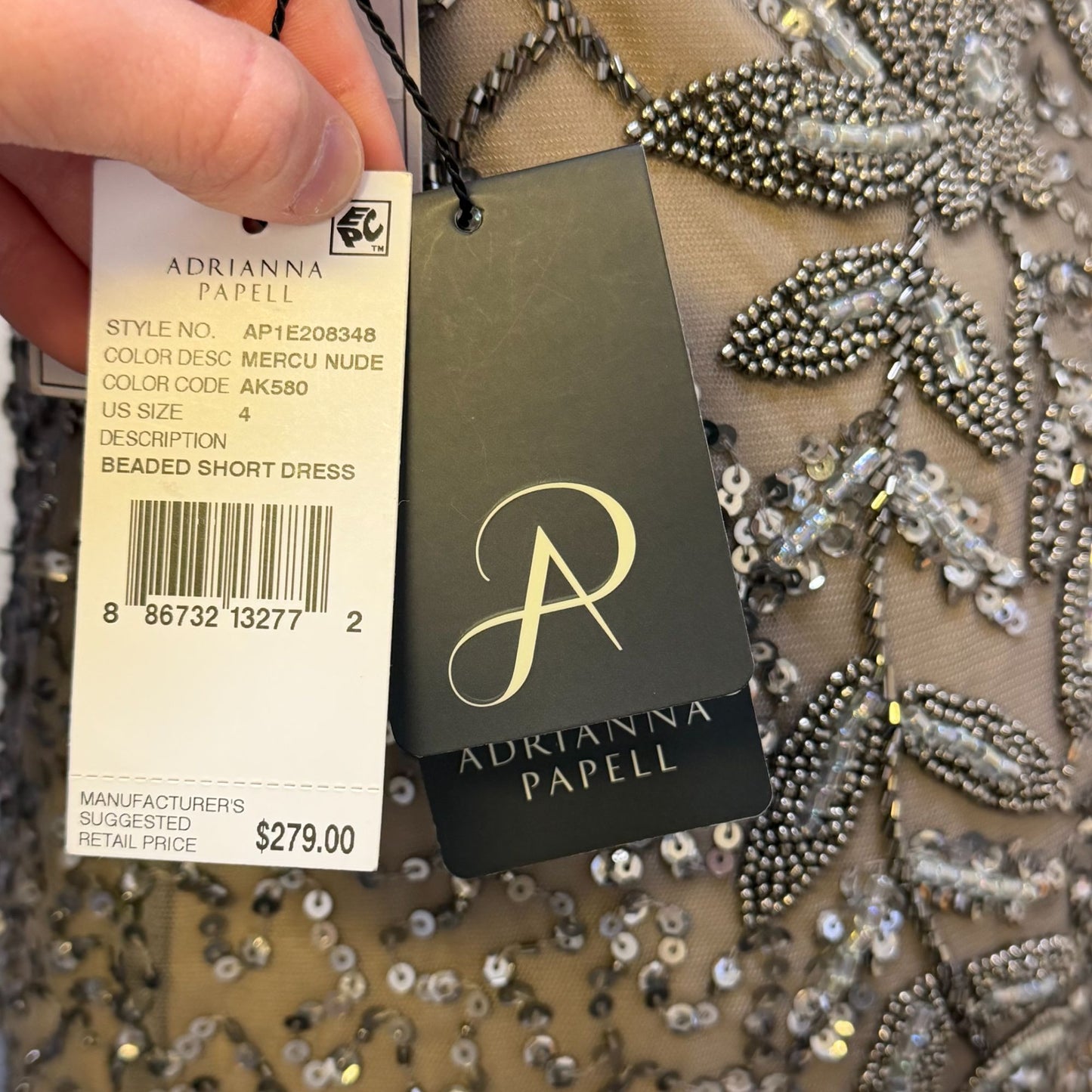 NWT Adrianna Papell Gold Beaded Dress With Sheer Sleeves & Floral Embellishments Size 4