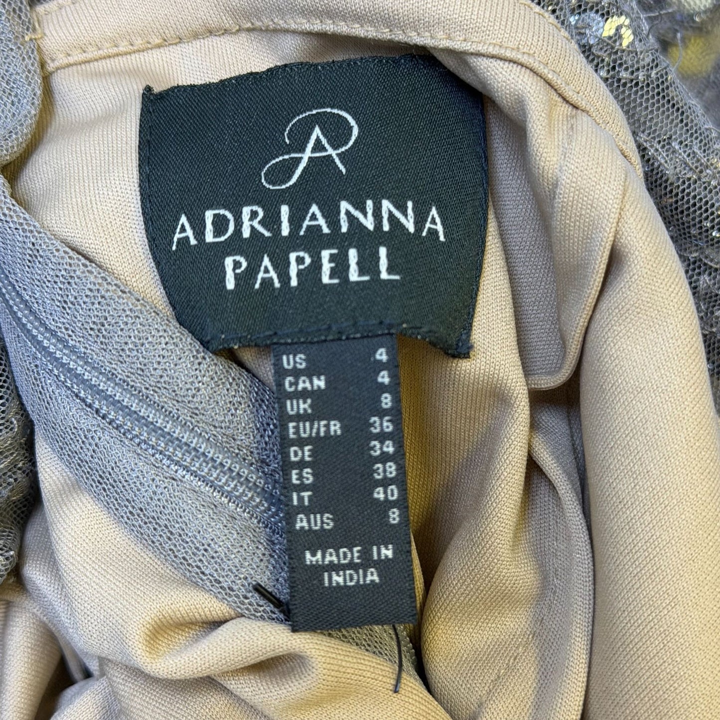 NWT Adrianna Papell Gold Beaded Dress With Sheer Sleeves & Floral Embellishments Size 4