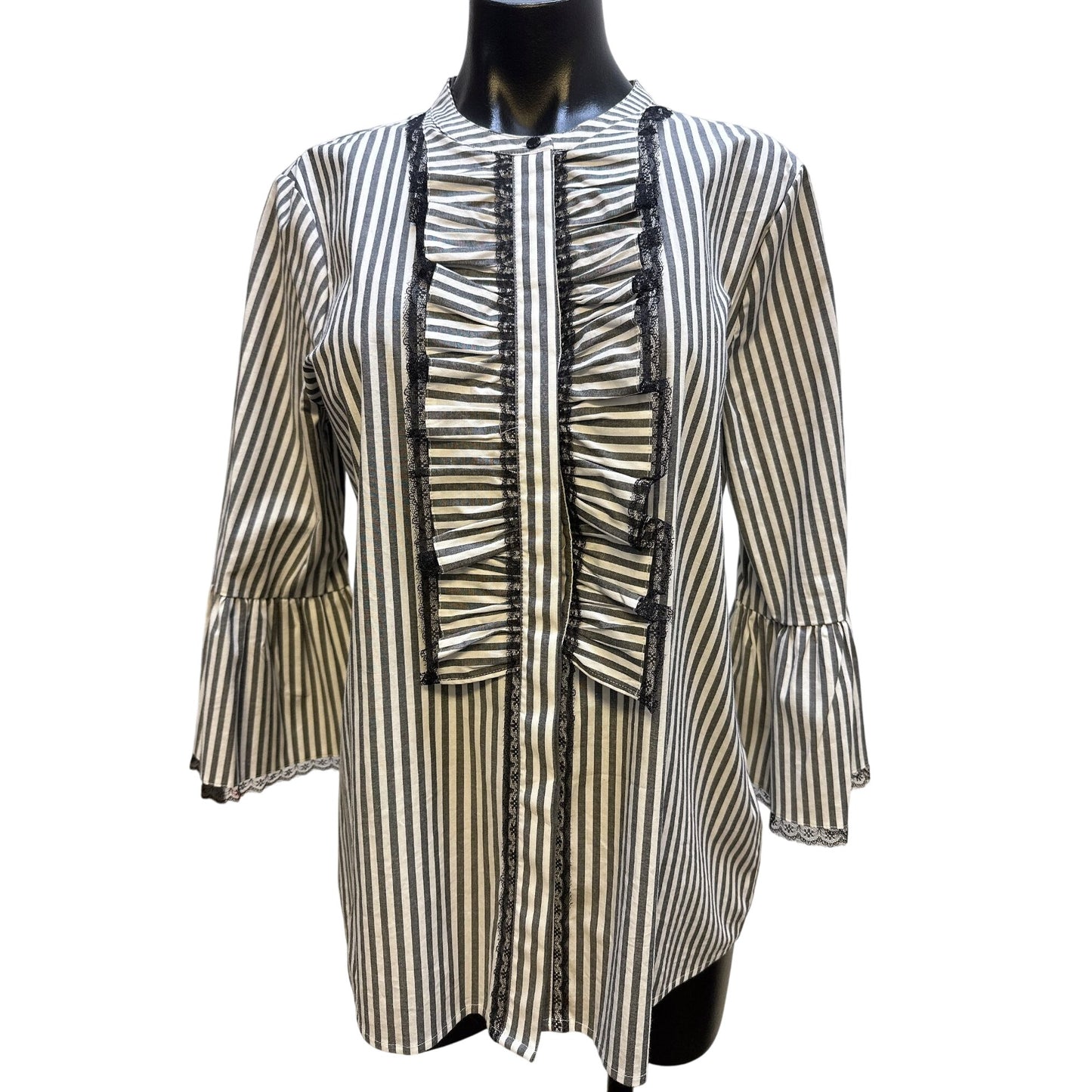 Karl Lagerfield Black & White Striped Ruffle Blouse Lace Trimmed Bell Sleeves Size L