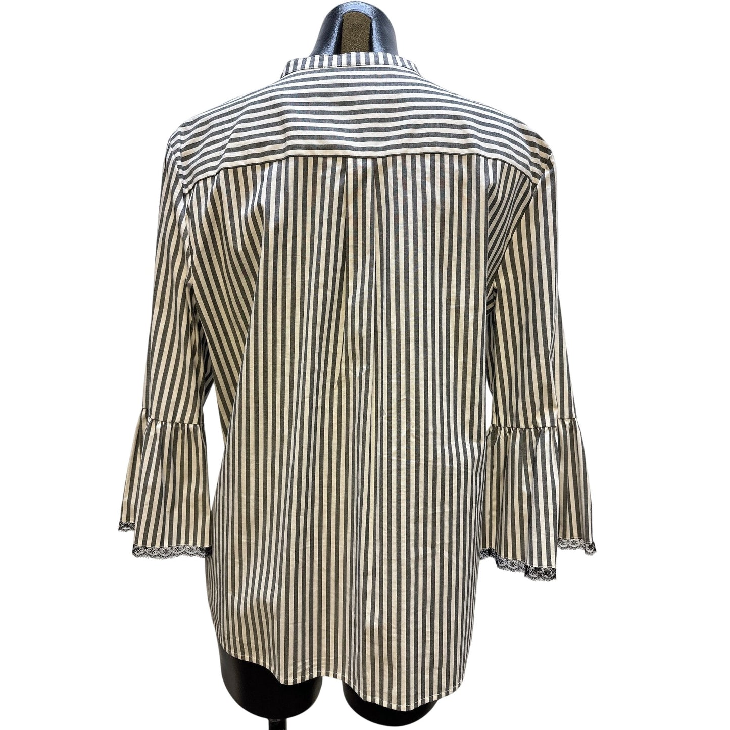 Karl Lagerfield Black & White Striped Ruffle Blouse Lace Trimmed Bell Sleeves Size L