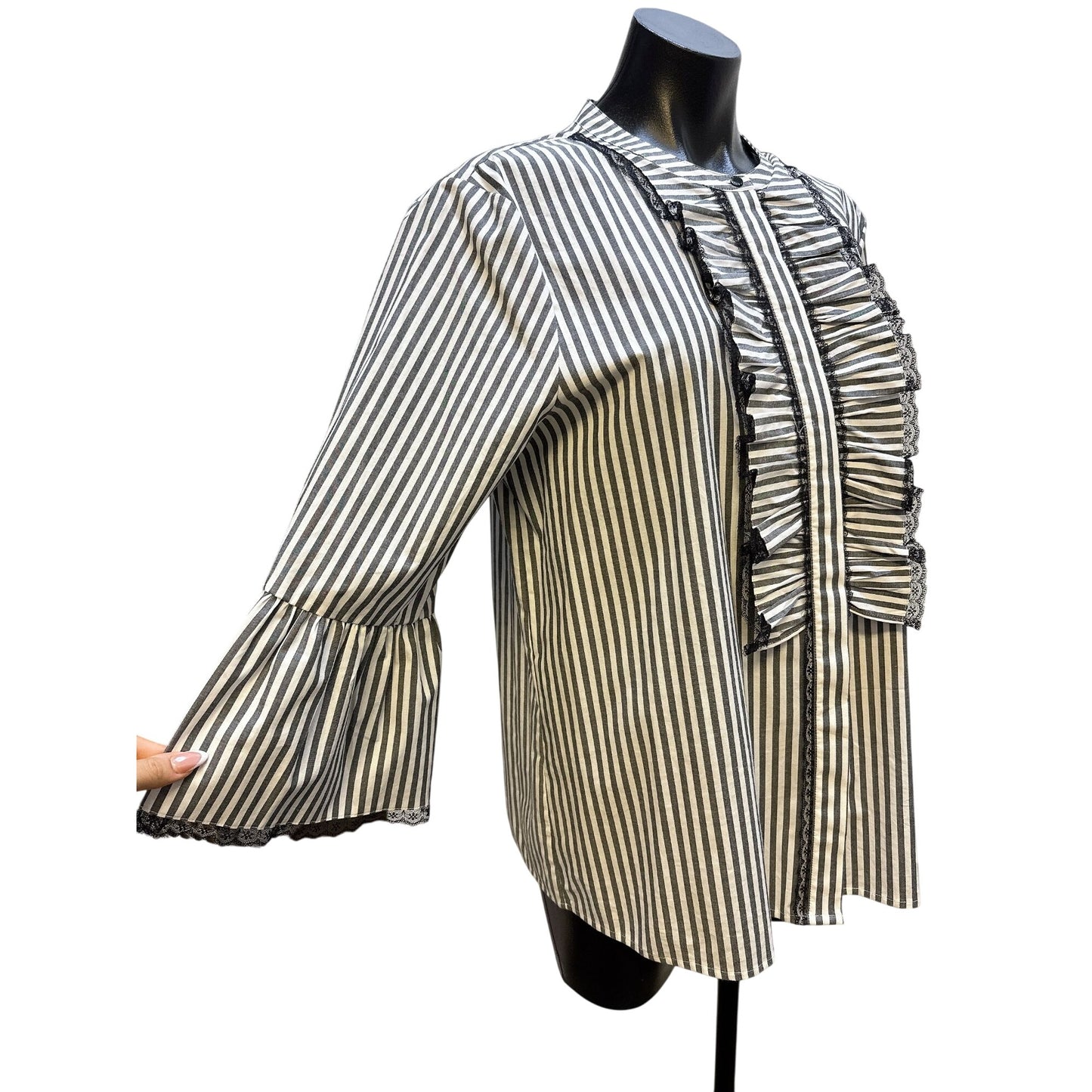 Karl Lagerfield Black & White Striped Ruffle Blouse Lace Trimmed Bell Sleeves Size L