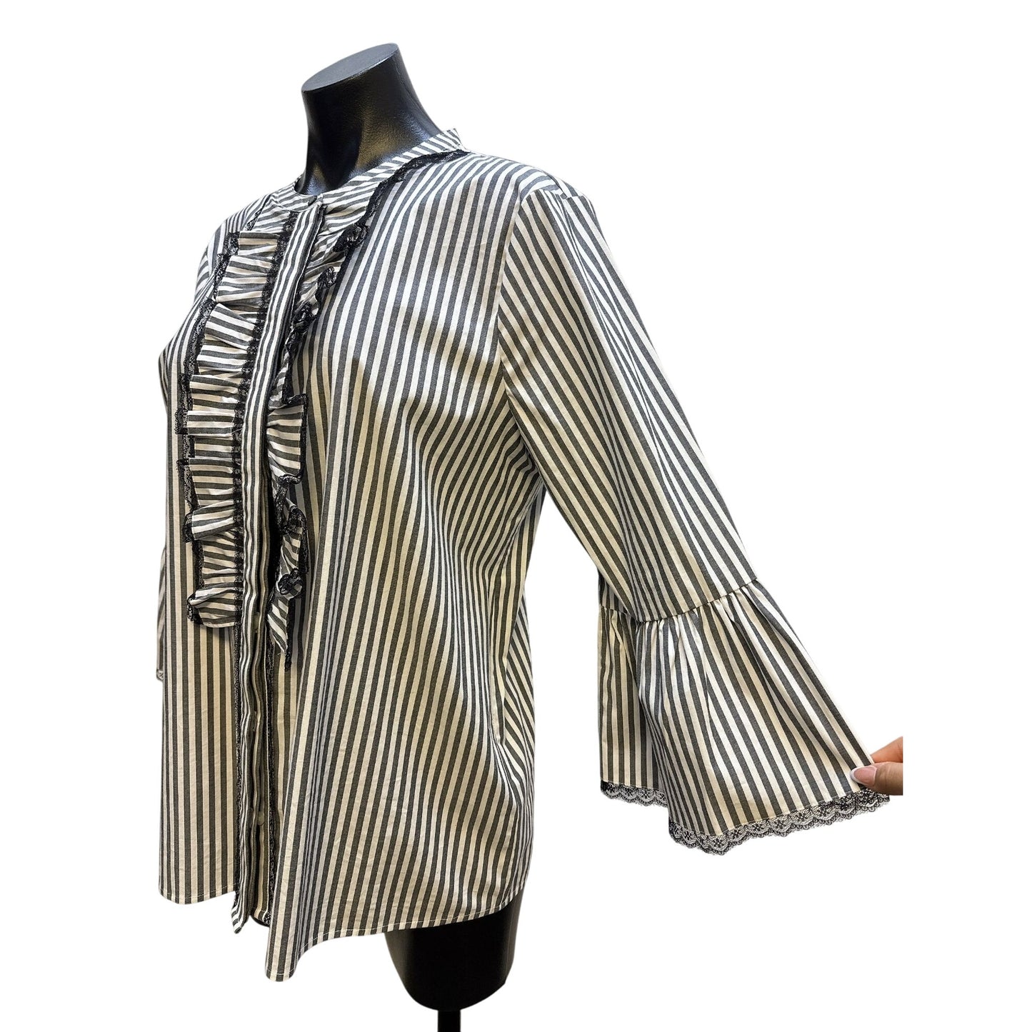 Karl Lagerfield Black & White Striped Ruffle Blouse Lace Trimmed Bell Sleeves Size L