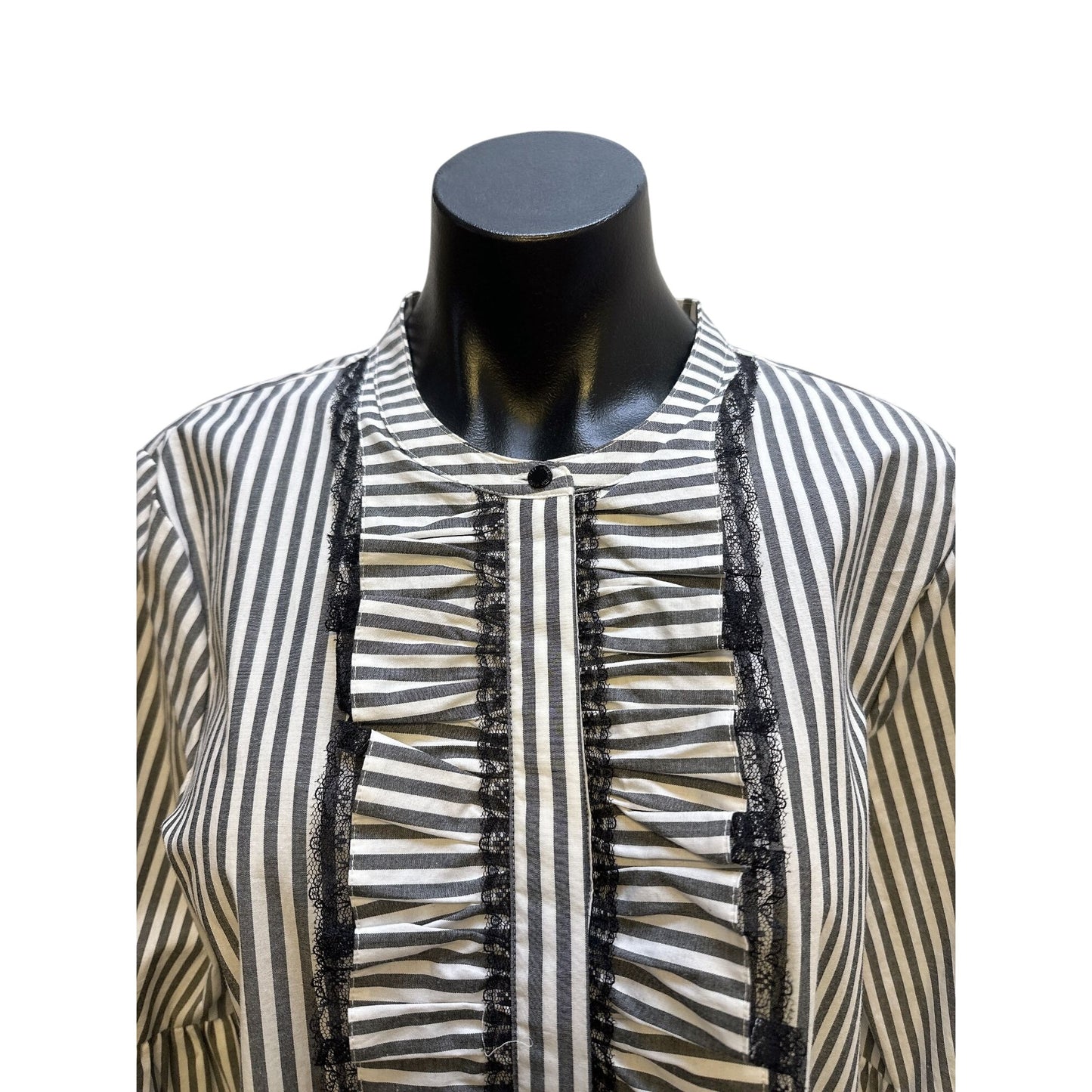 Karl Lagerfield Black & White Striped Ruffle Blouse Lace Trimmed Bell Sleeves Size L