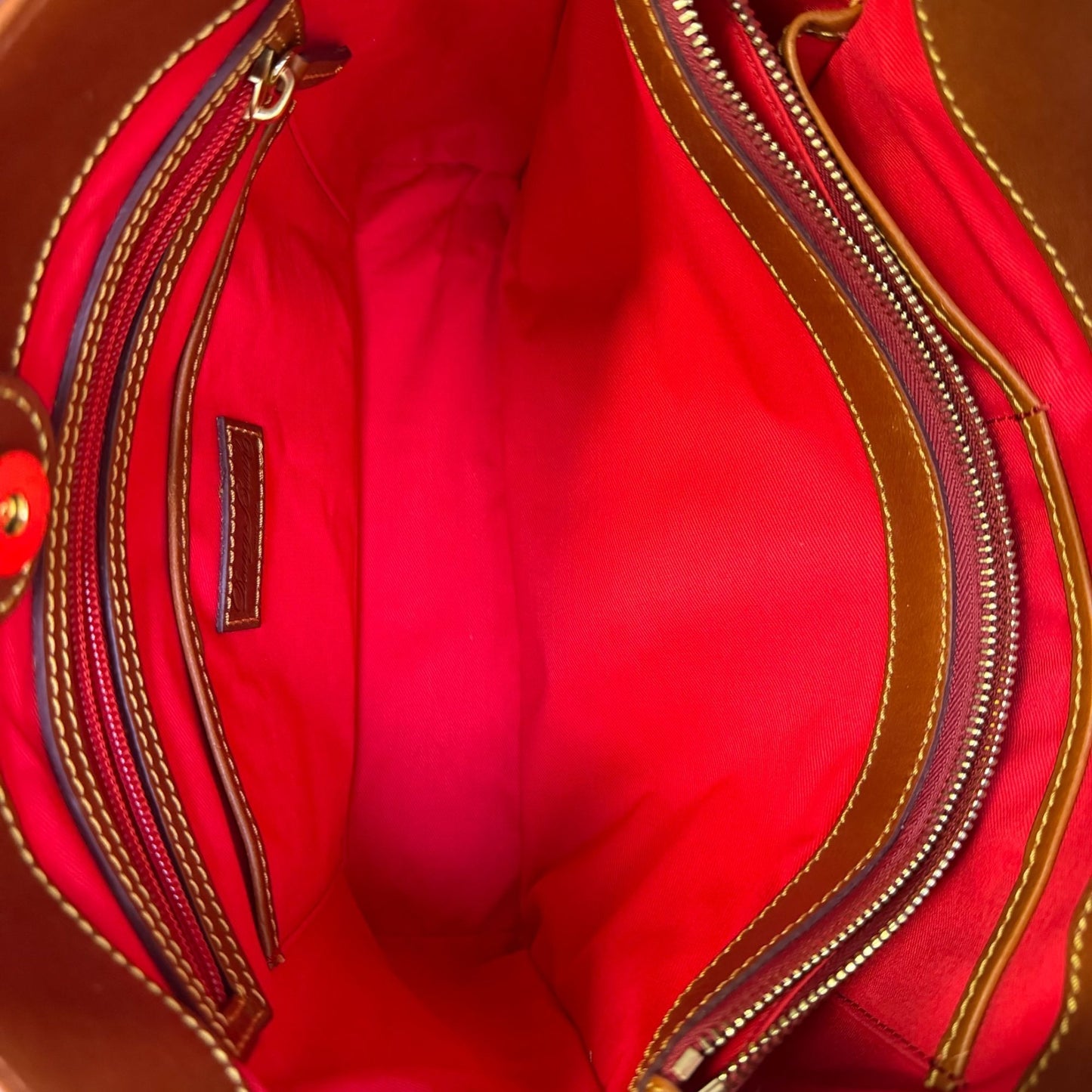 Dooney & Bourke Tan Leather Shoulder Tote Bag With Red Interior