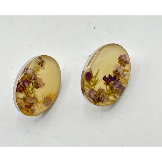 Vintage Sterling Silver Oval Pressed Flower Earrings