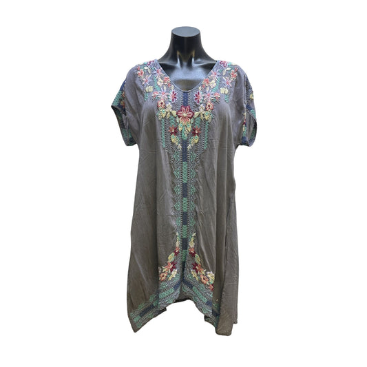 Johnny Was Gray Embroidered Floral Tunic Blouse