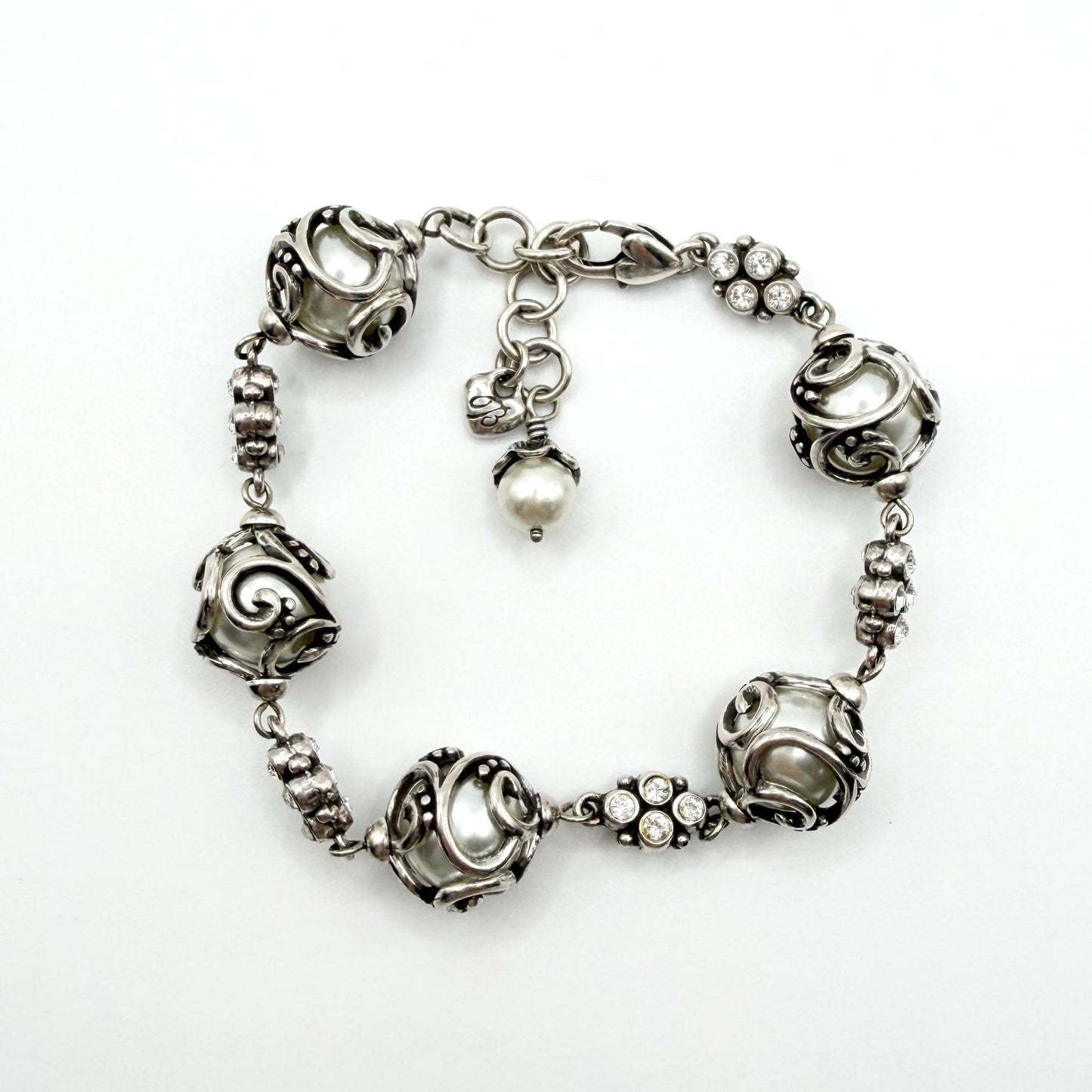 Brighton Silver Ball & Crystal Bead Bracelet With Pearl Charm
