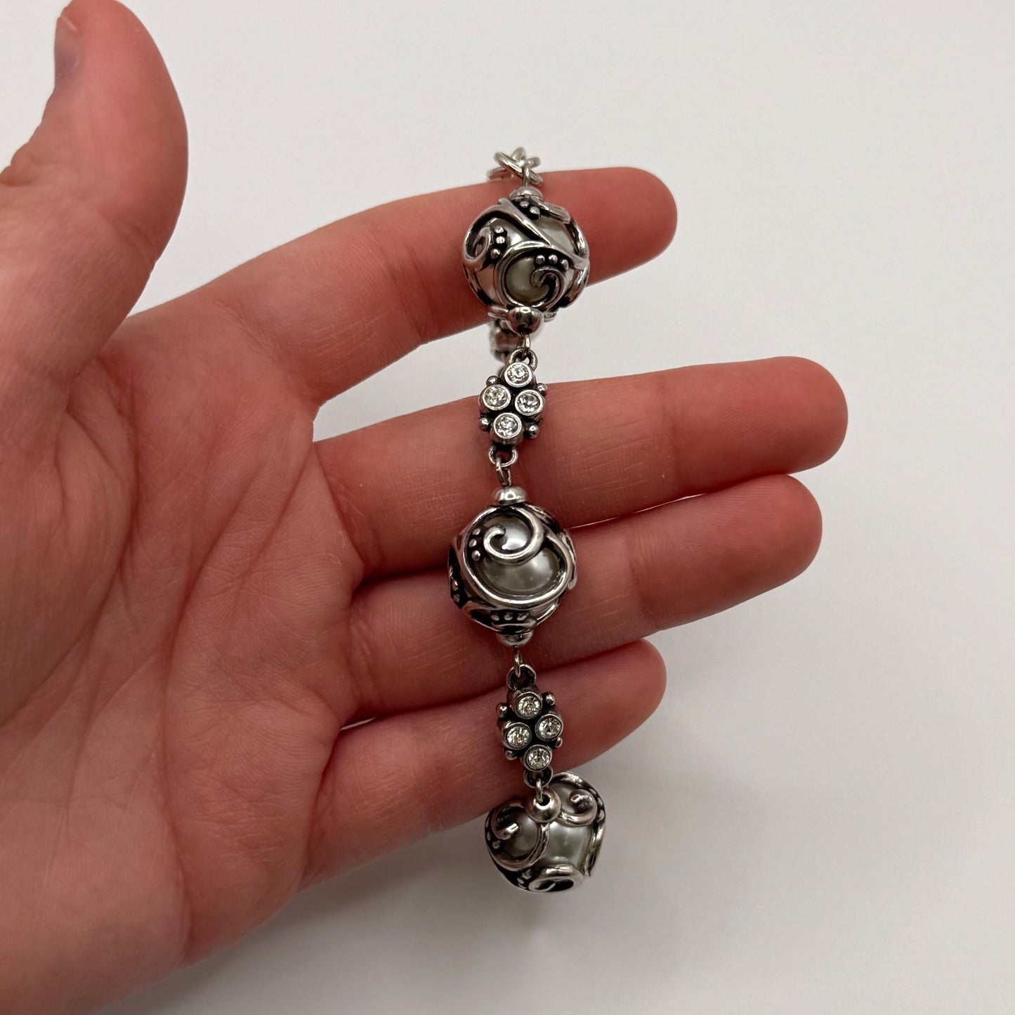 Brighton Silver Ball & Crystal Bead Bracelet With Pearl Charm