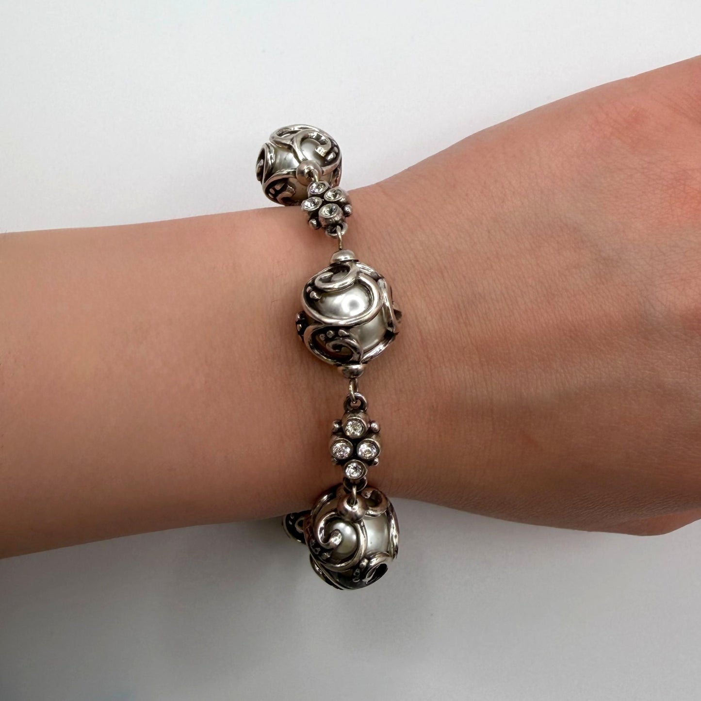 Brighton Silver Ball & Crystal Bead Bracelet With Pearl Charm