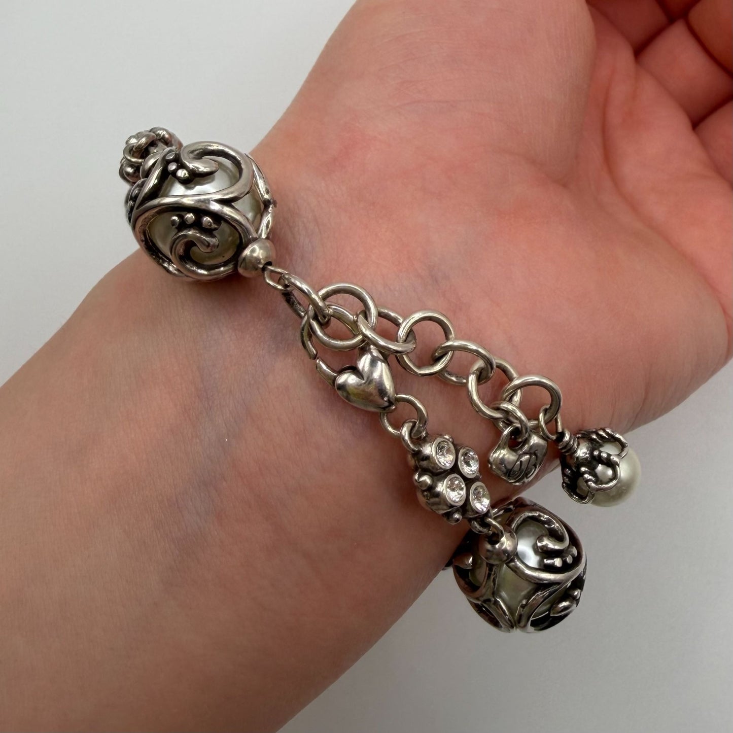 Brighton Silver Ball & Crystal Bead Bracelet With Pearl Charm