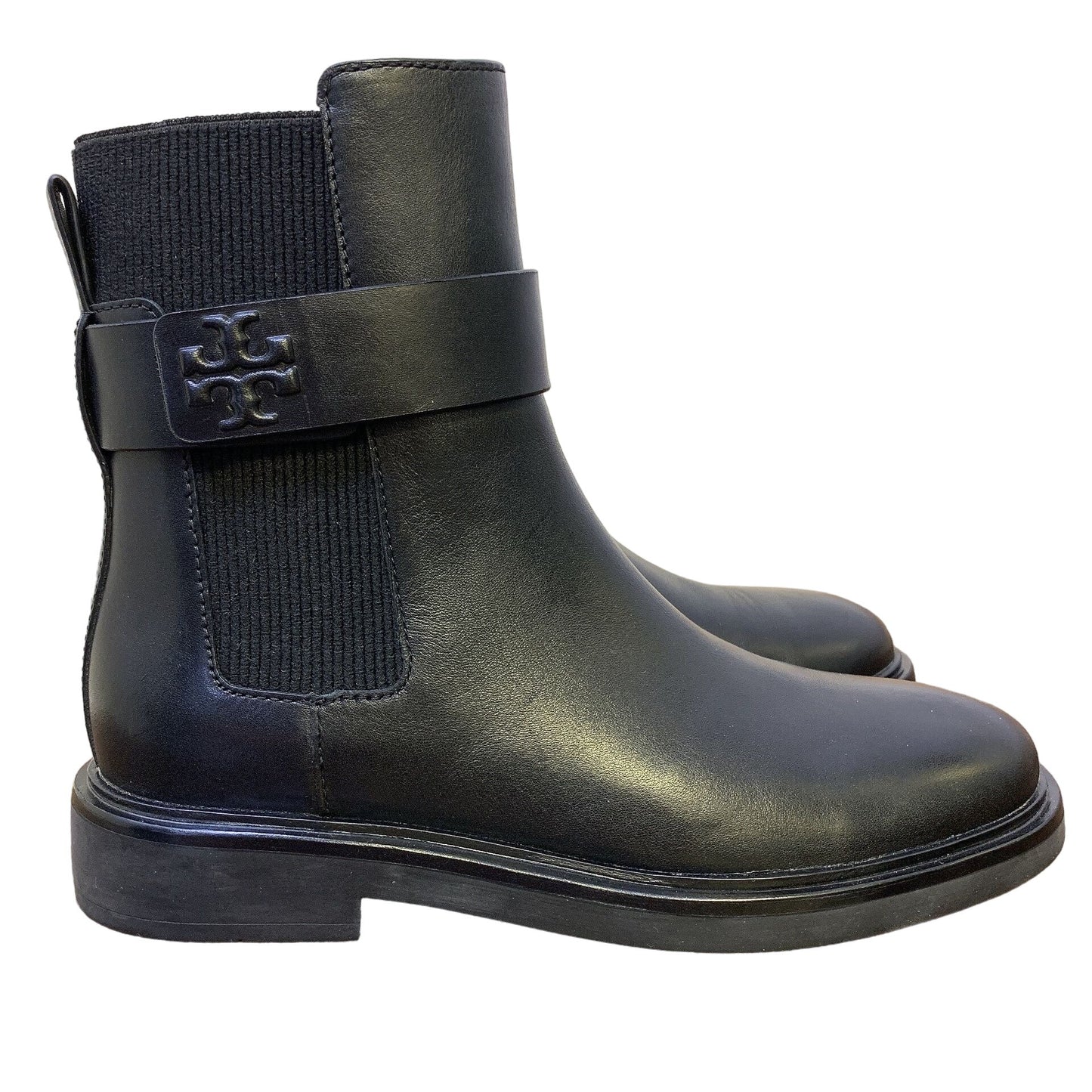 New Tory Burch Black Leather Chelsea Boots 7M With Logo Strap & Elastic Sides