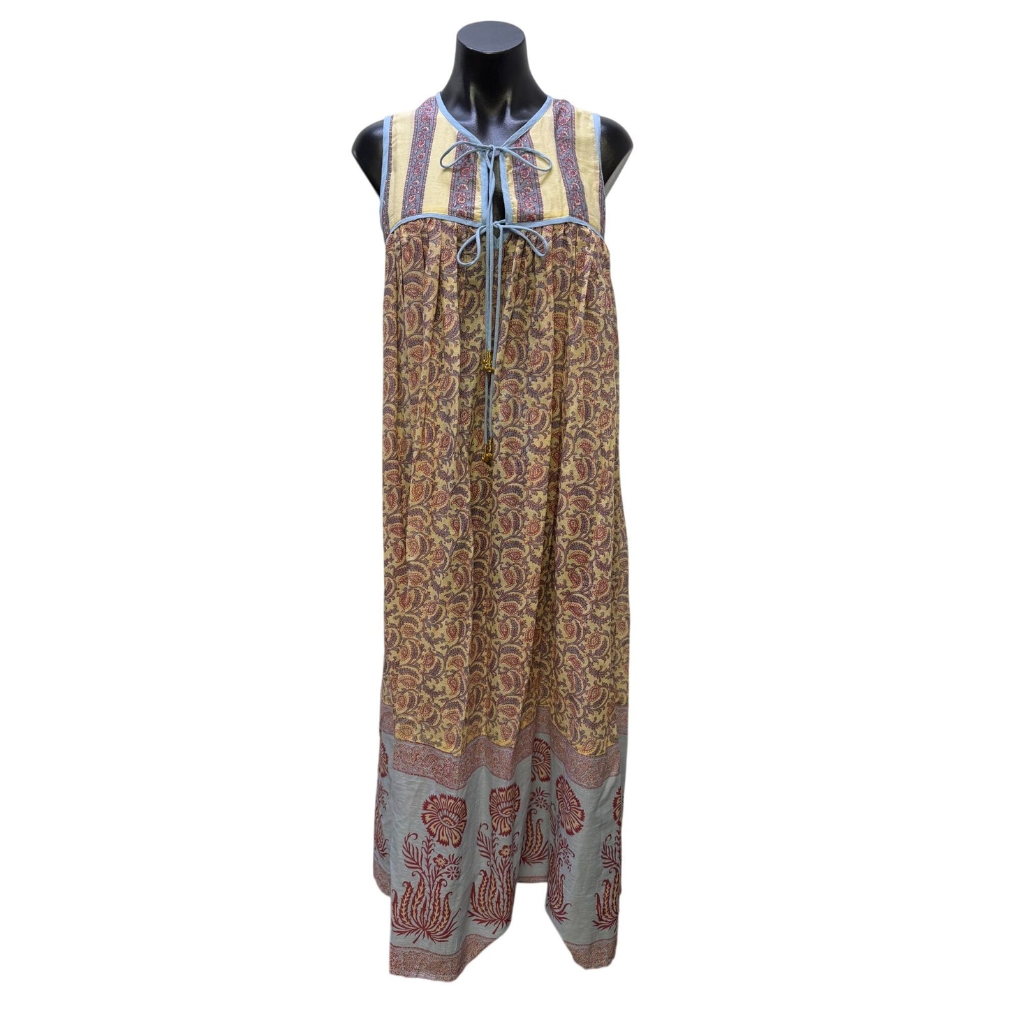Daughters Of India Bohemian Maxi Dress Blue Yellow Red Floral Block Print XS