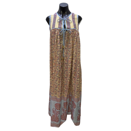 Daughters Of India Bohemian Maxi Dress Blue Yellow Red Floral Block Print XS