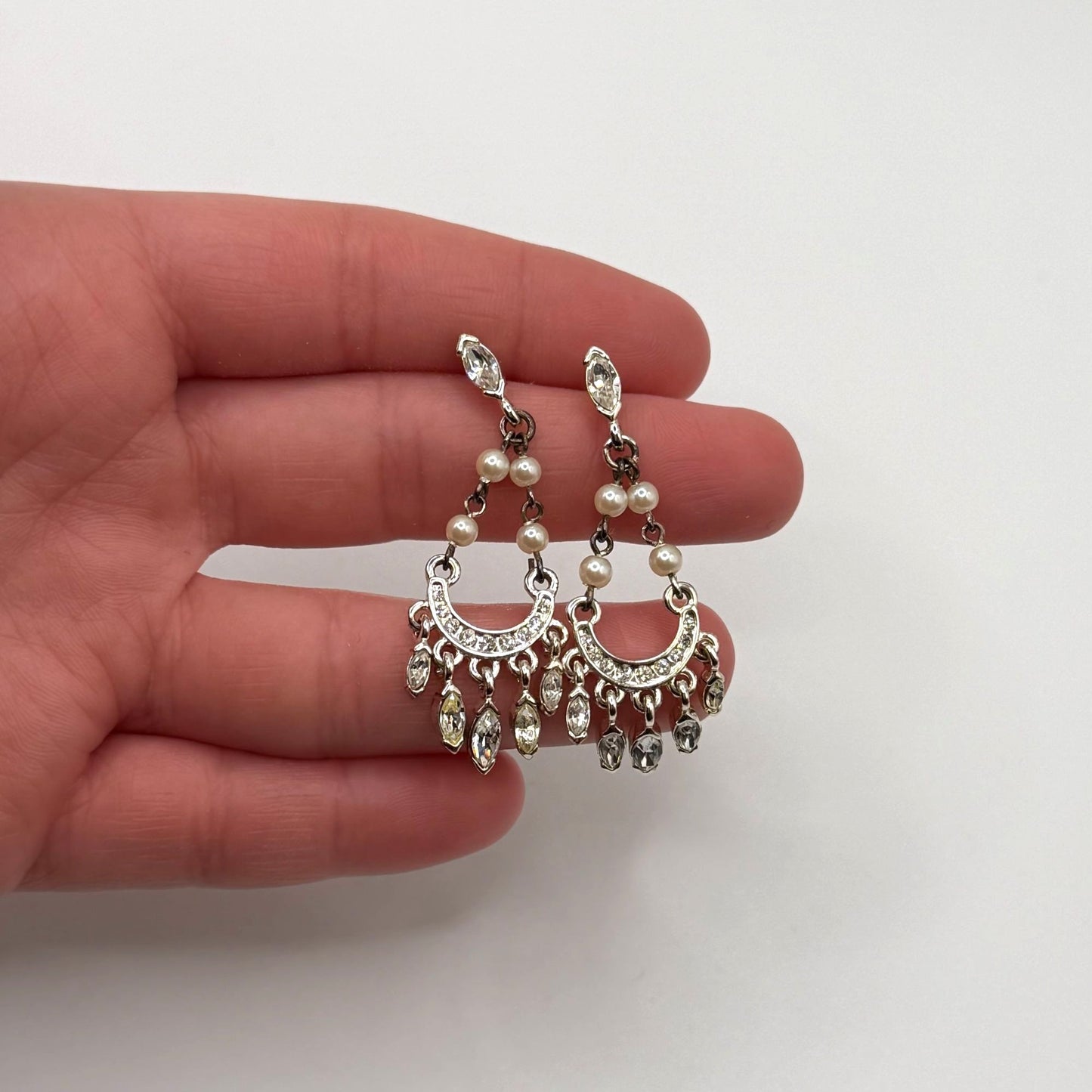 Carolee Silver-Tone Chandelier Earrings With Faux Pearls & Rhinestones 14K Gold Posts